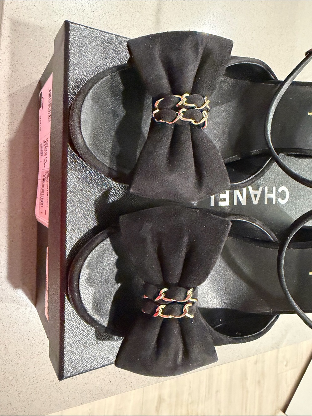 Chanel Black Suede Bow Chain Heels - Picture 3 of 6
